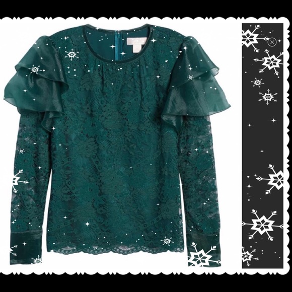 RACHEL PARCELL JEWEL NECK EMERALD GREEN FLUTTER WING SATIN LK CUFF TOP L… - Picture 7 of 11